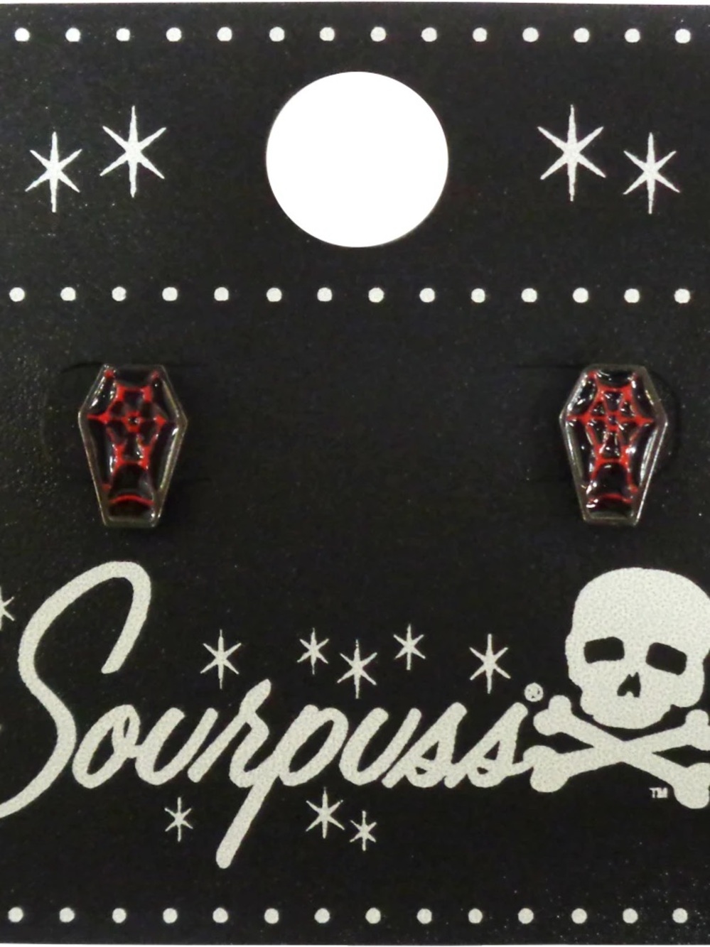 Sourpuss Black Coffin Web Stud Earrings with Red Web